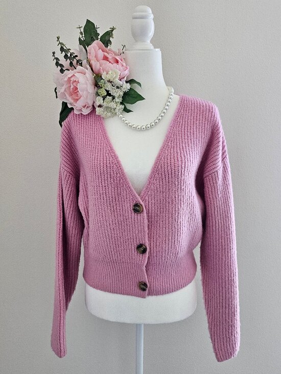 Sweaters - Pink Cropped Cardigan – Soft Knit – Button Front